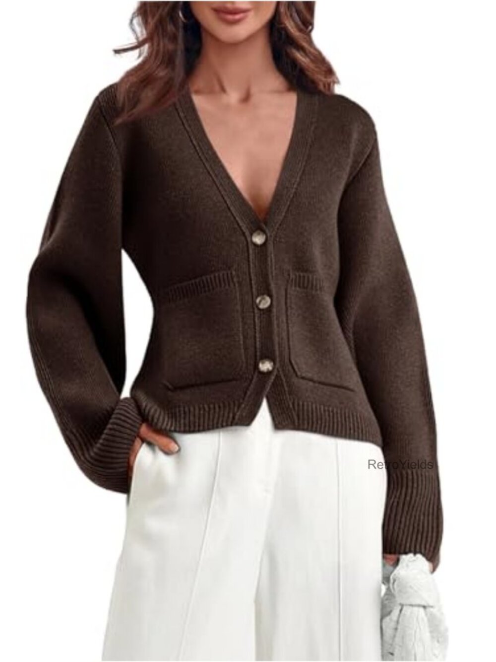 Deep V Neck Button Down Cardigan Sweater Cropped Knit Coat with Pockets